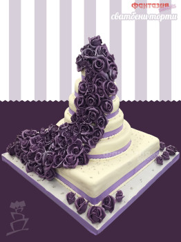 Сватбена торта на шест етажа с лилави рози