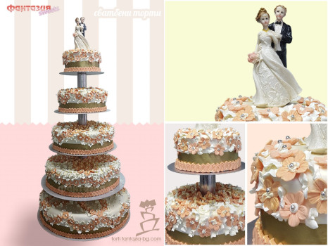 Сватбена торта на пет етажа с младоженци и маргаритки - ver.2