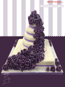 Сватбена торта на шест етажа с лилави рози