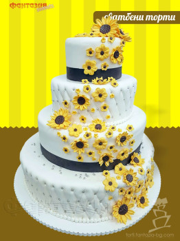 Сватбена торта на четири етажа с жълти цветя