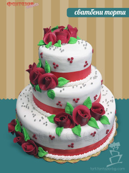 Сватбена торта на 3 етажа с червени рози